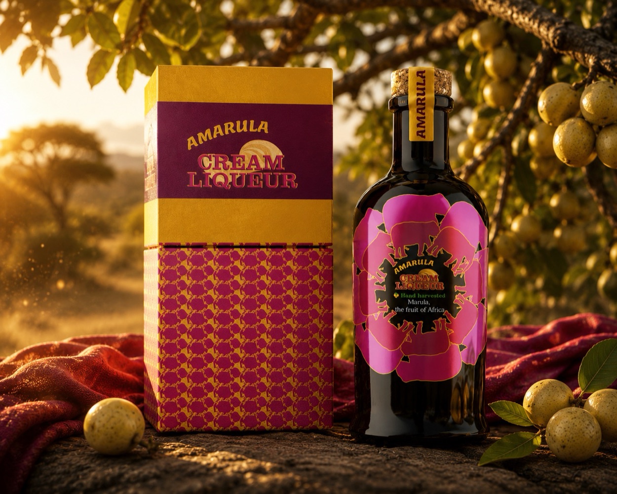 The same bottle and box staged outdoors beneath a marula tree, with fruit and woven cloth.