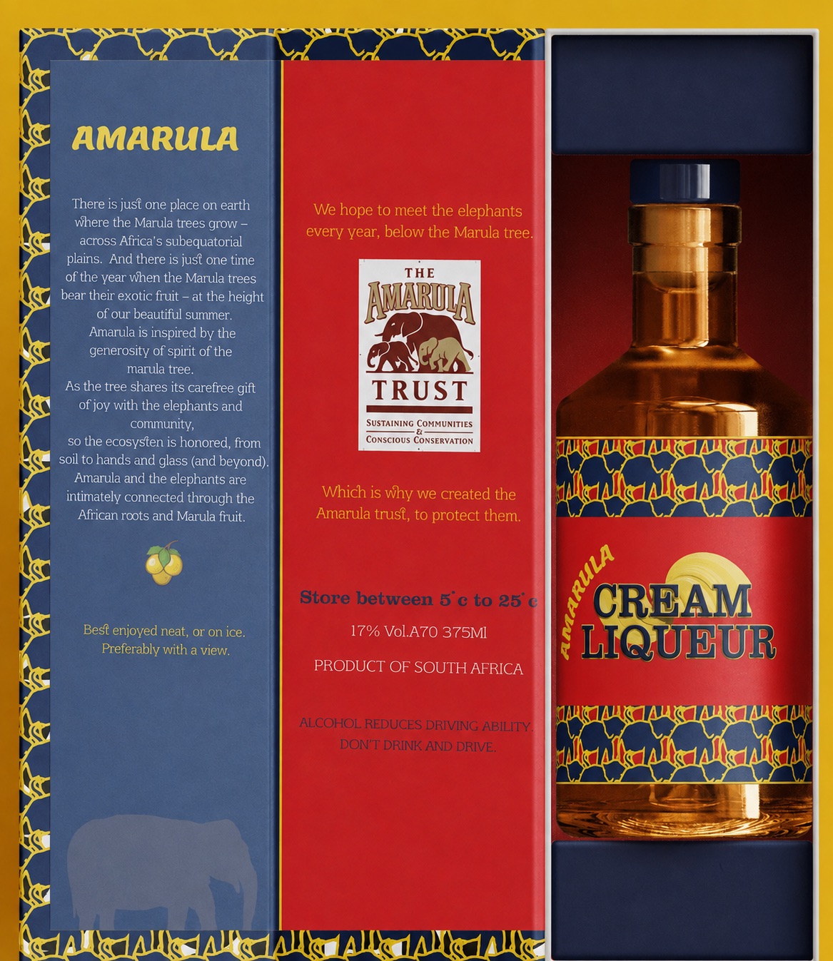 The second direction’s box opened out, its printed panels telling the marula story around a blue and gold bottle.