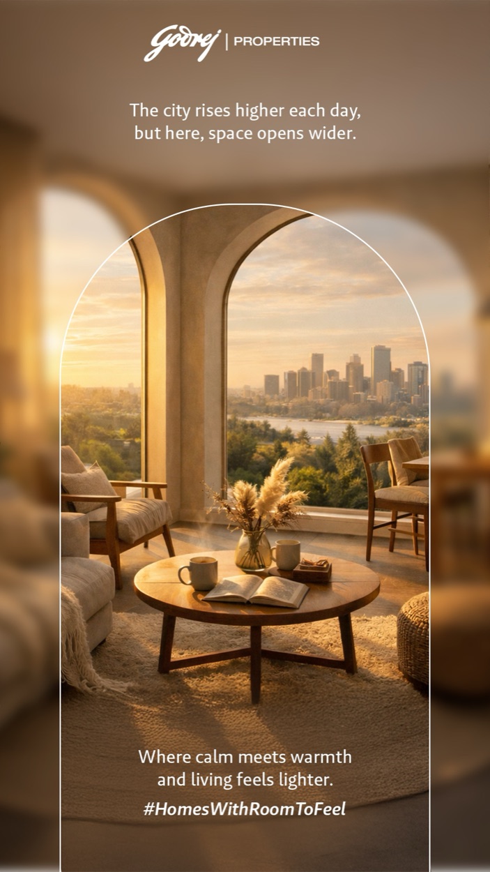 Story frame: a living room opening through an arch onto a city and river view — “Where calm meets warmth.”