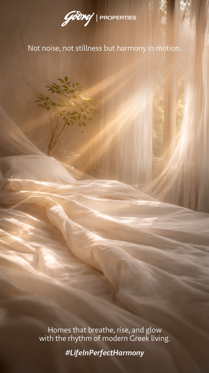 Story frame: a sunlit bedroom behind sheer curtains — “Homes that breathe, rise, and glow.”