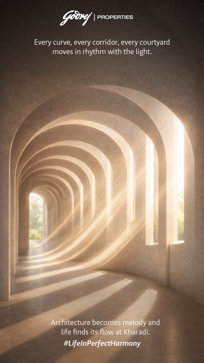 Story frame: an arched corridor striped with light — “Architecture becomes melody.”