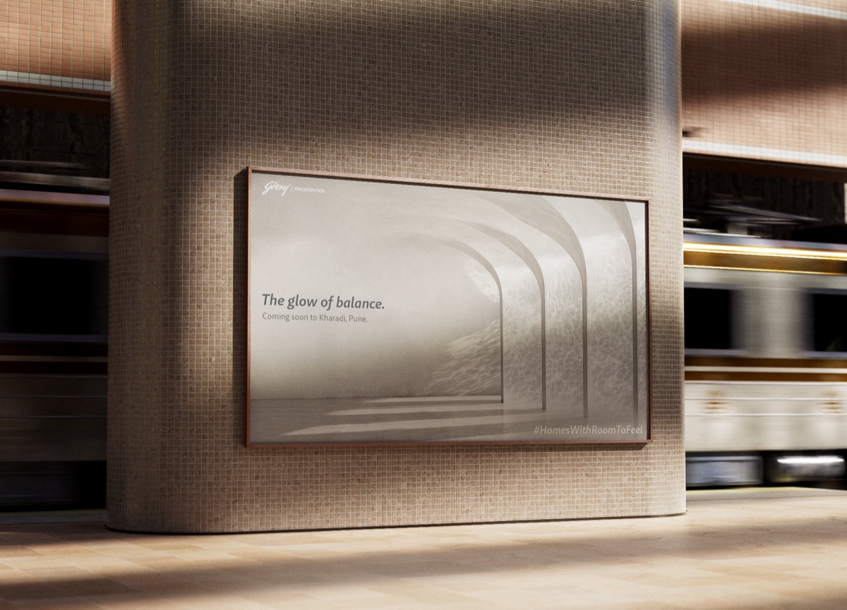 A metro panel reading “The glow of balance”, its composition pale and almost empty.