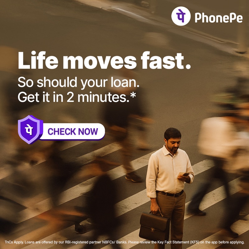 Loan ad: “Life moves fast. So should your loan.” — a commuter mid-stride, approval in two minutes.