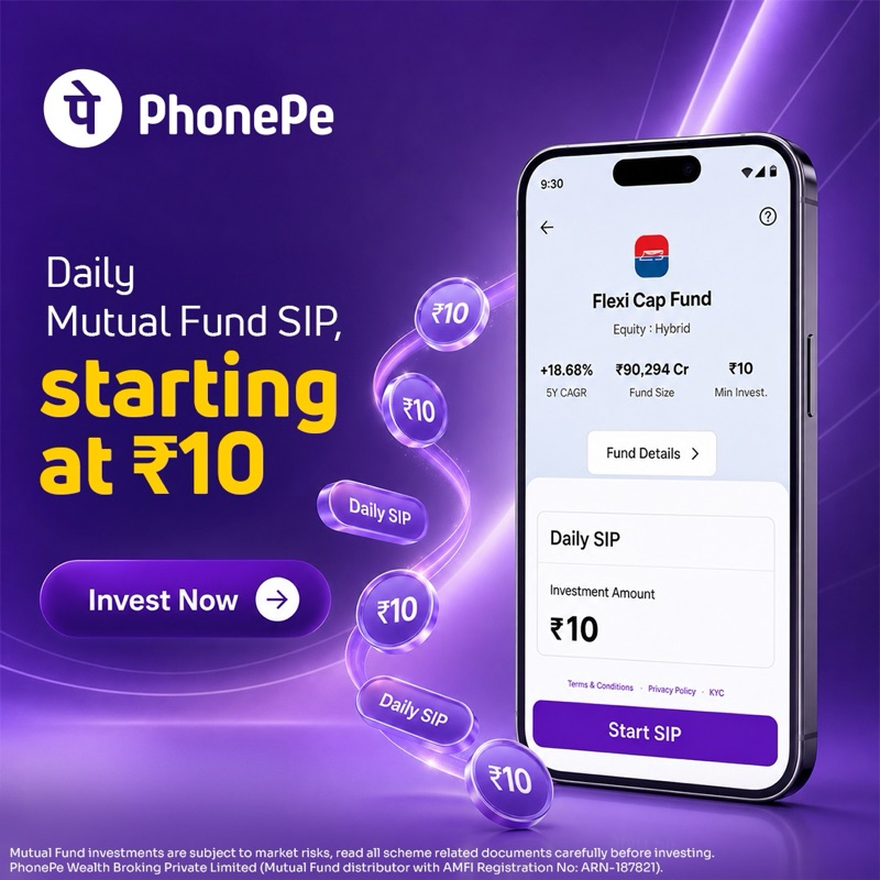 Daily SIP creative: starting at ₹10, the app surrounded by floating ₹10 tokens.