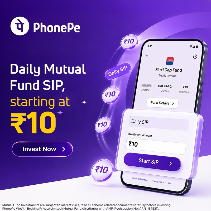 Daily SIP creative: starting at ₹10, showing the Start SIP flow on the app.