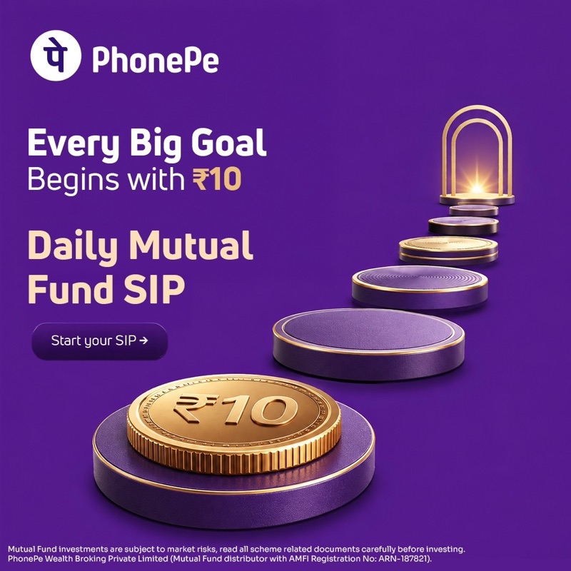 Daily SIP creative: “Every Big Goal Begins with ₹10” — coins as stepping stones.