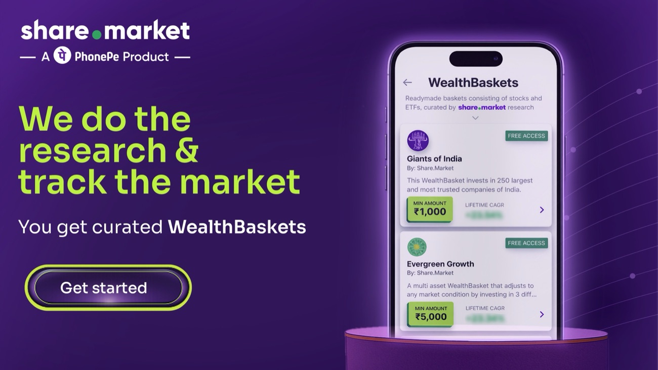 Share.Market ad: “We do the research & track the market”, offering curated WealthBaskets.