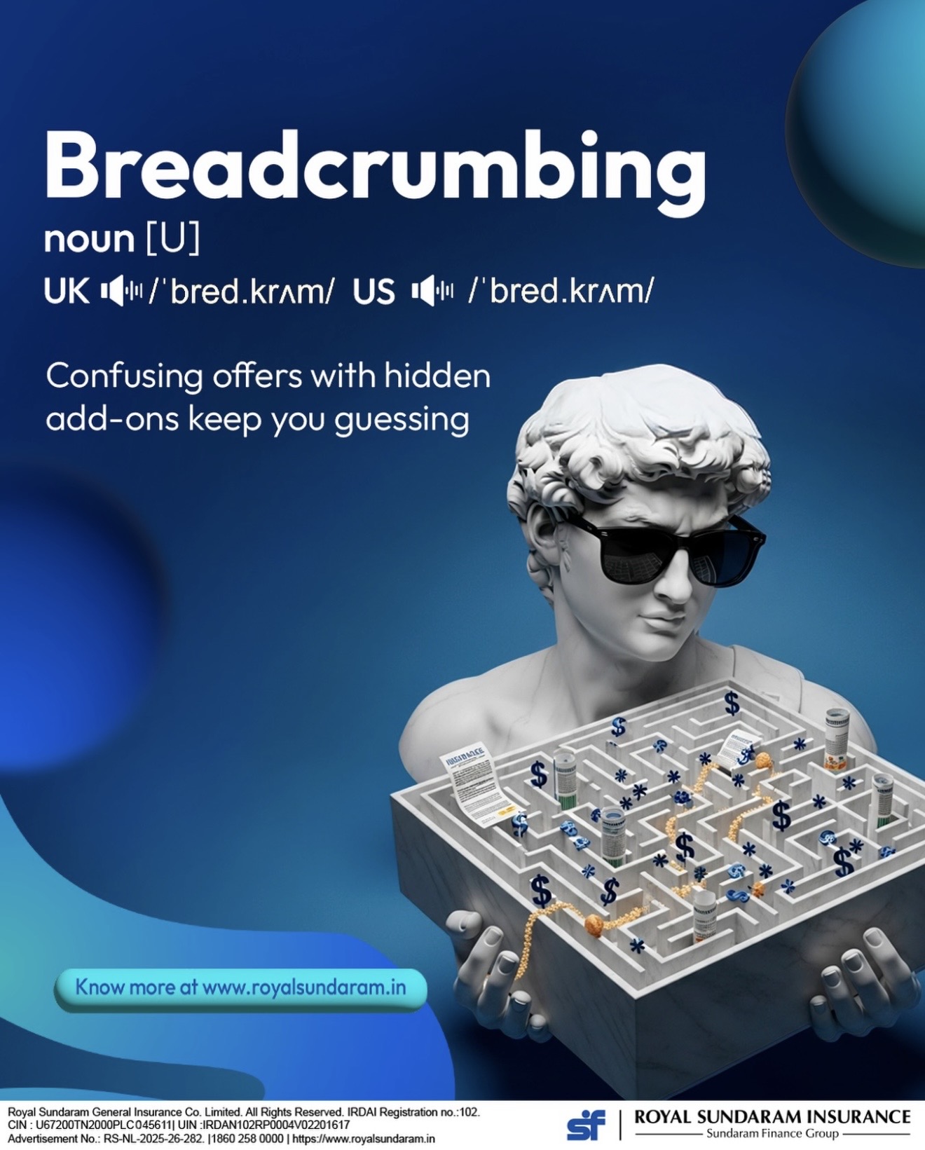 Dictionary post: “Breadcrumbing” — a classical bust in sunglasses above a maze, defining hidden add-ons that keep you guessing.