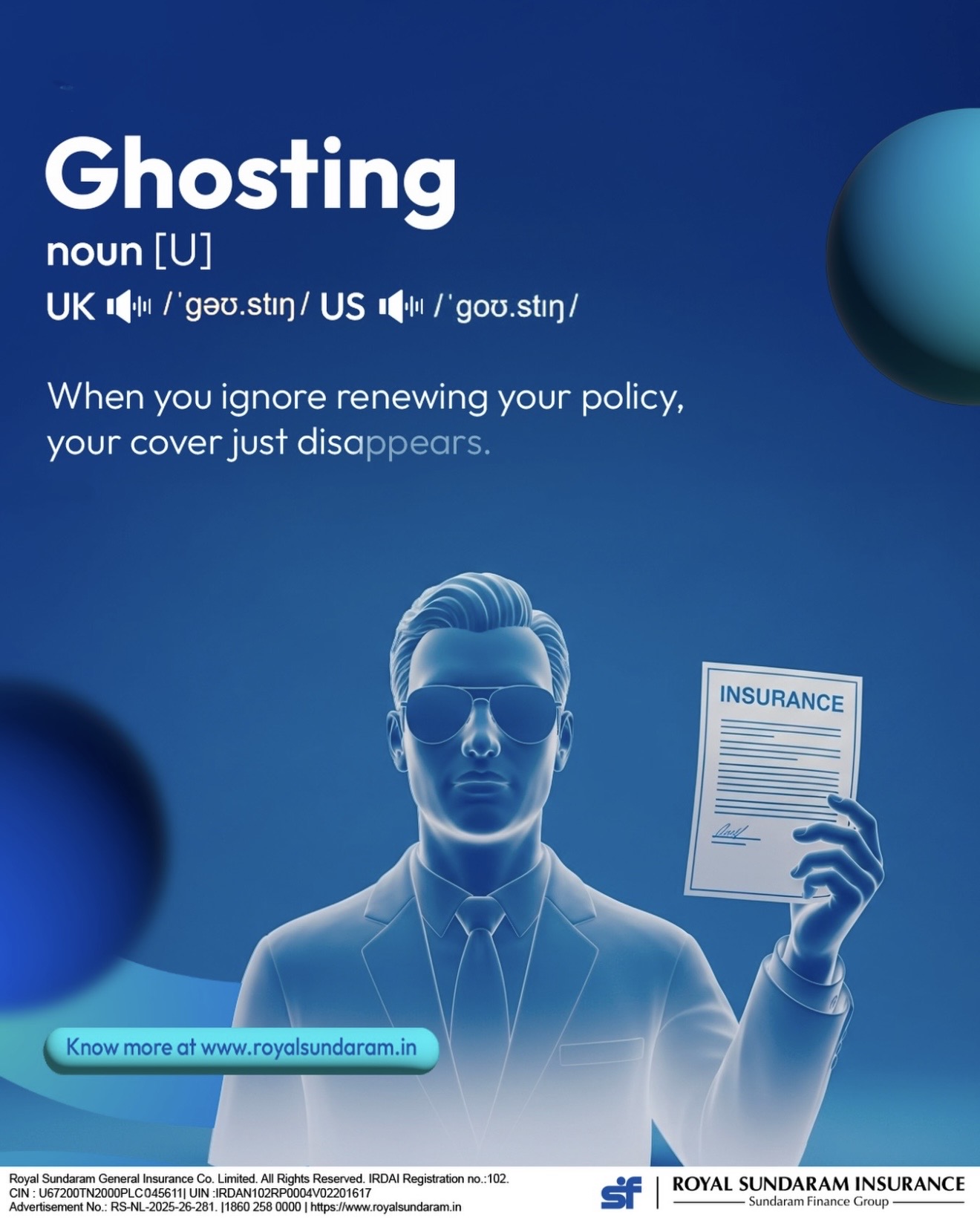 Dictionary post: “Ghosting” — a figure fading away holding a policy, defining cover that disappears when you skip renewal.