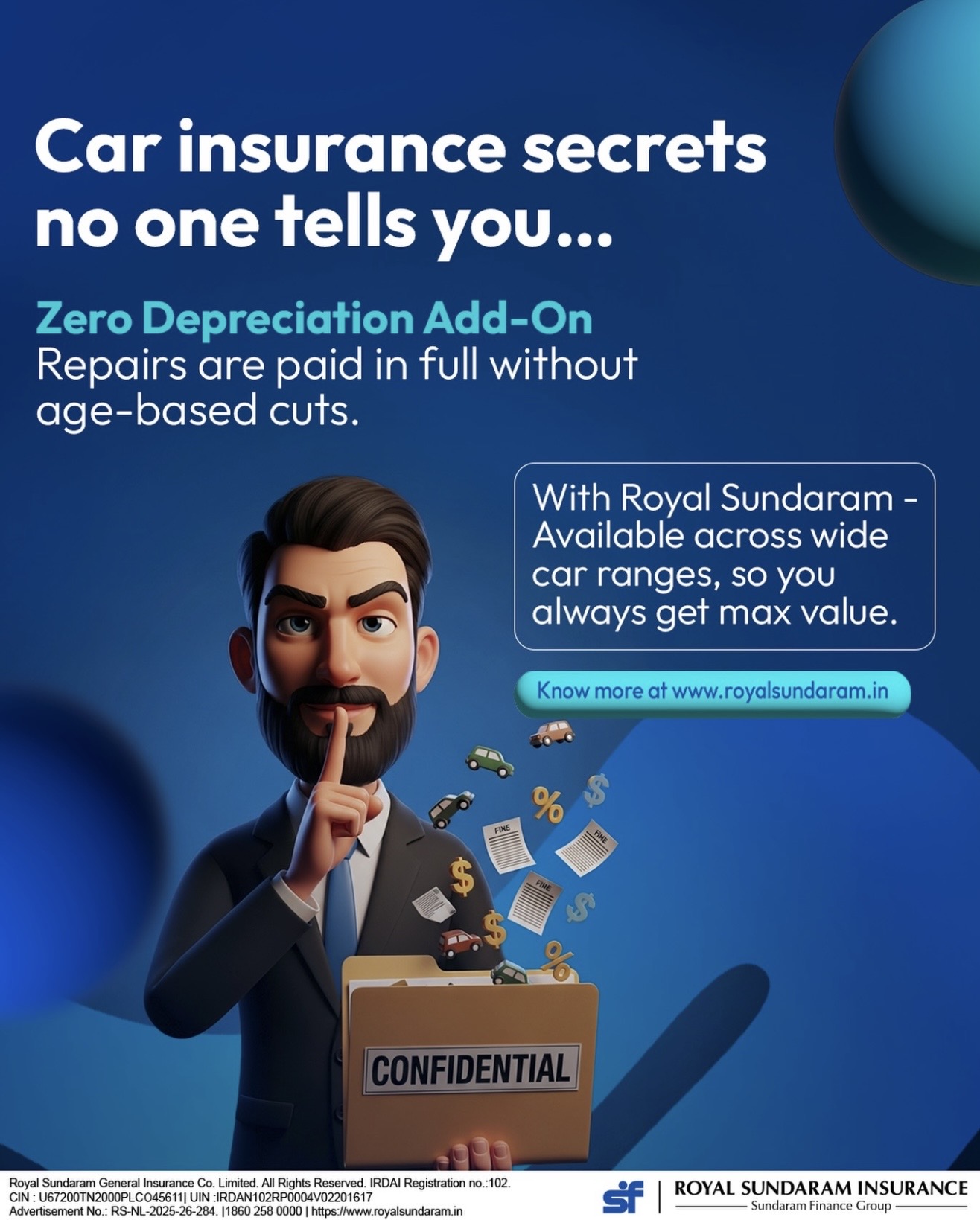 Post: “Car insurance secrets no one tells you…” — the Zero Depreciation add-on, illustrated by a 3D figure at a podium with a confidential folder.