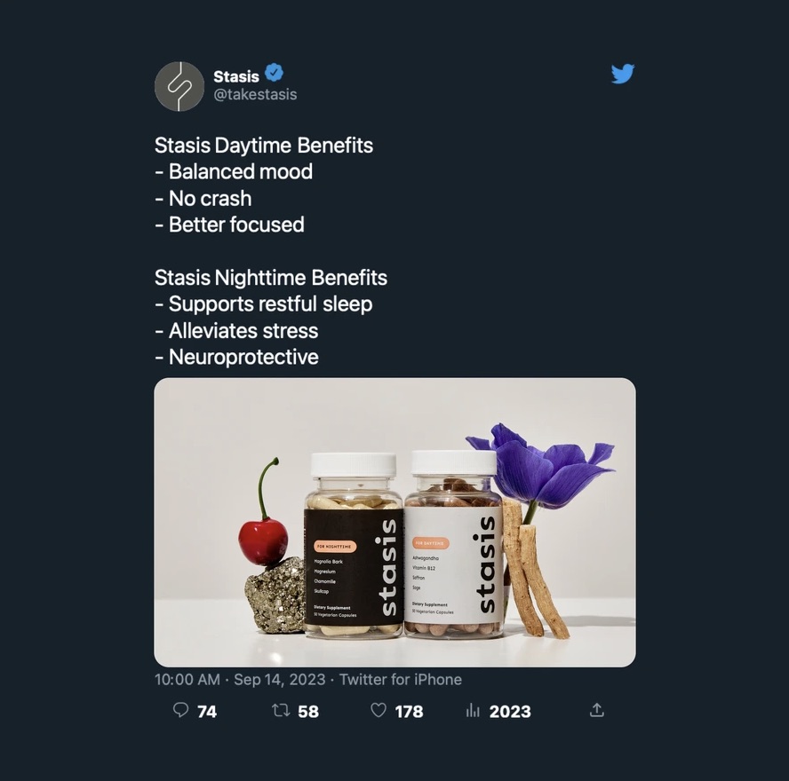 A Stasis post styled as a Twitter card, listing the daytime and nighttime benefits beside the product.
