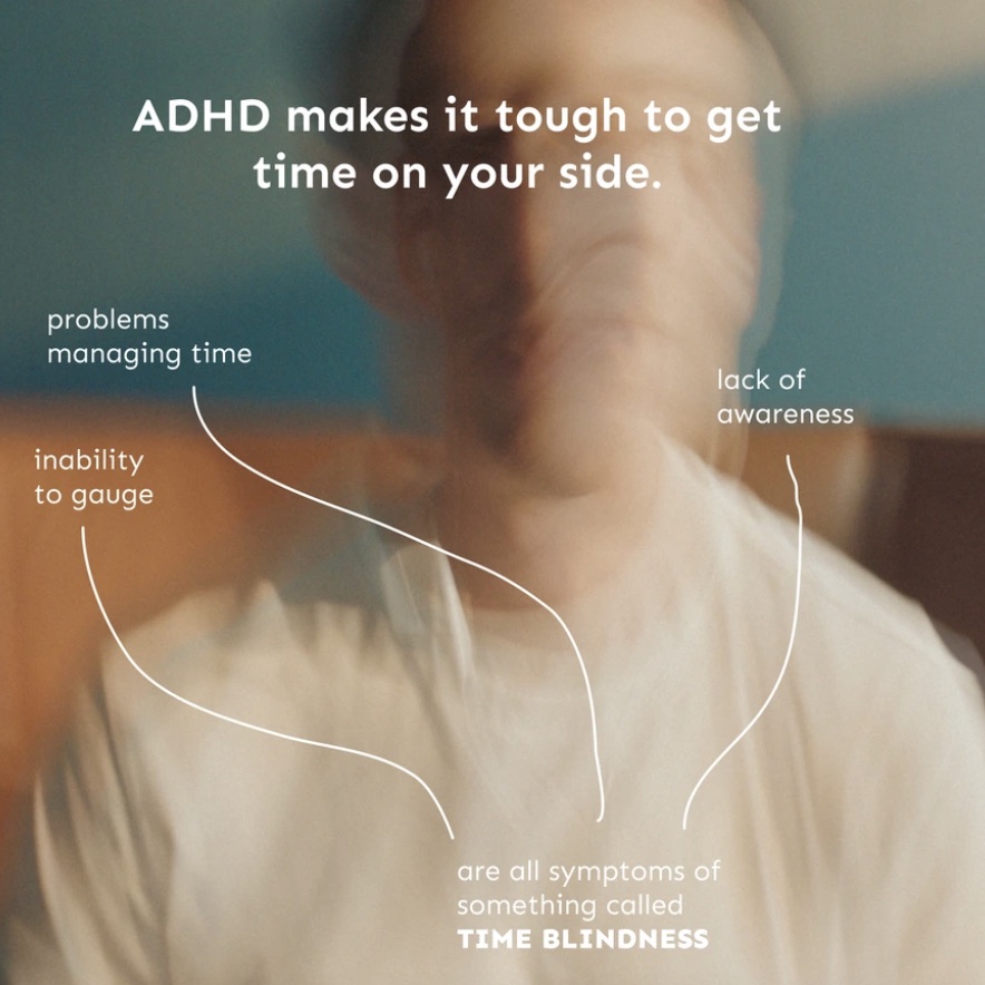 Social post on ADHD and time blindness, over a blurred portrait.