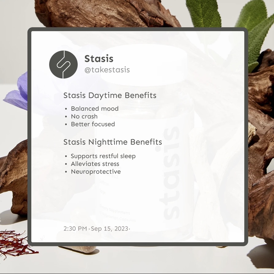 A Stasis post styled as a social card, listing the daytime and nighttime benefits.