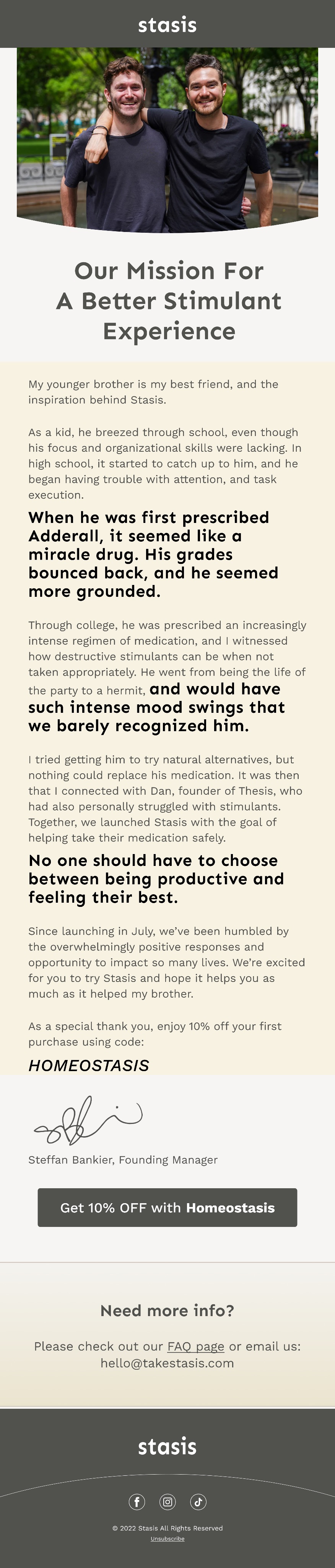 Stasis emailer: Our Mission For A Better Stimulant Experience — the founder’s story.