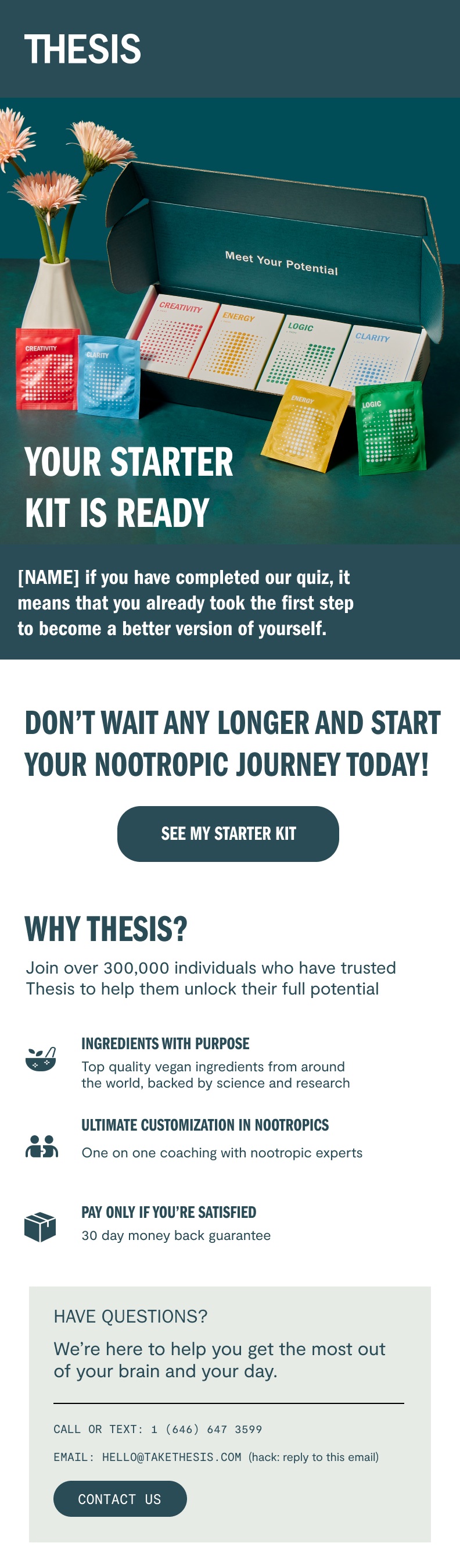 Thesis emailer: Your Starter Kit Is Ready, following the personalization quiz.