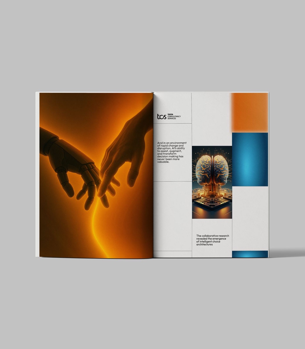 An open brochure spread: two hands almost touching on a burnt-orange page, facing a page of colour blocks and portraits.