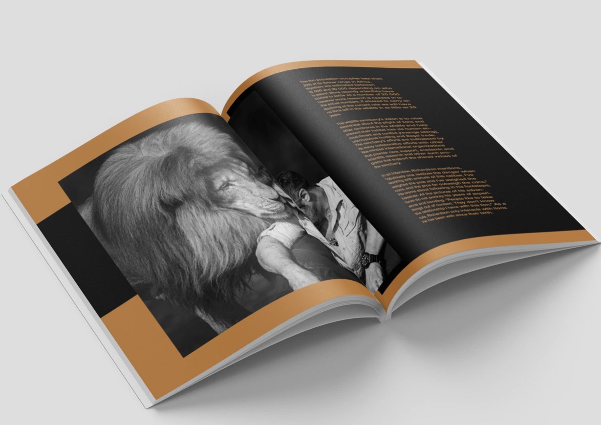 Spread: a keeper face to face with a lion, gold-toned pages.