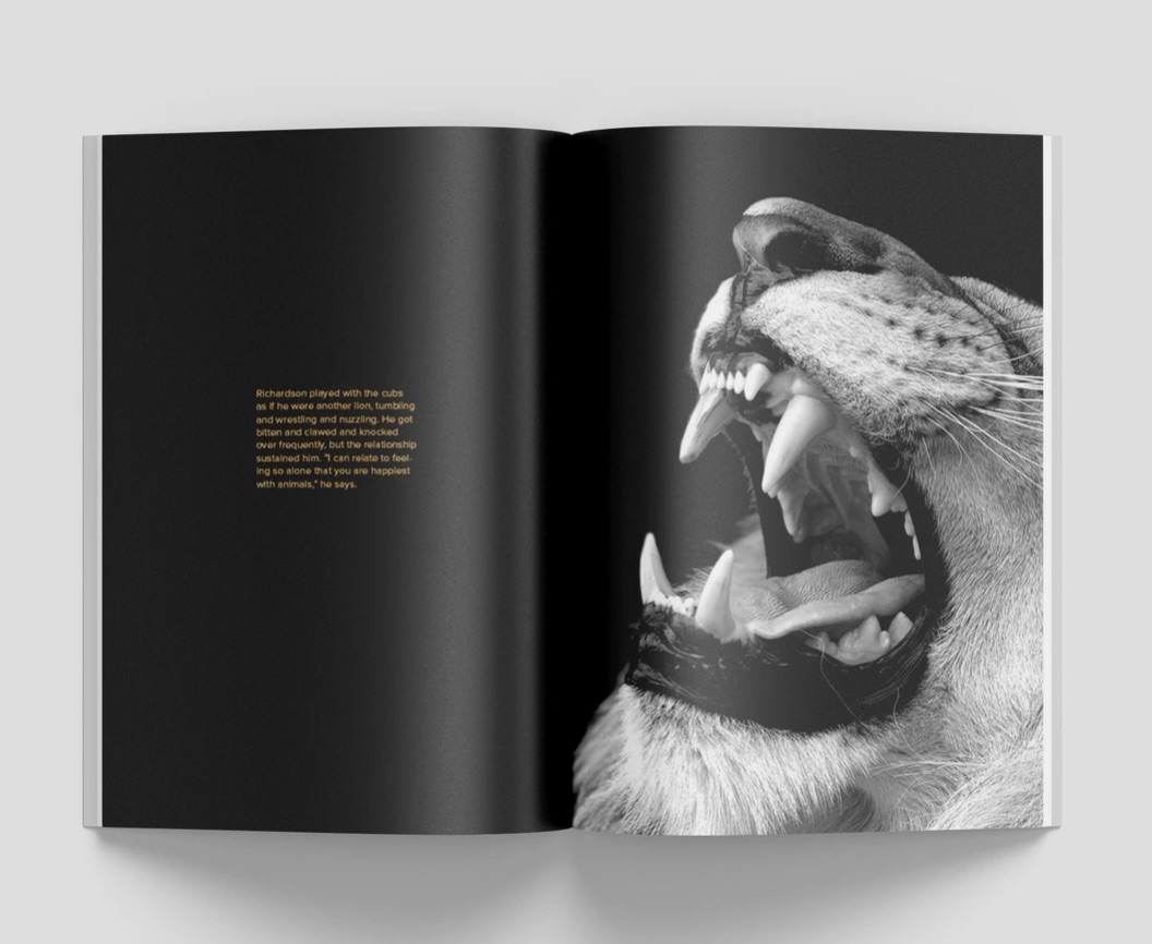 Spread: a lion roaring, black and white across both pages.