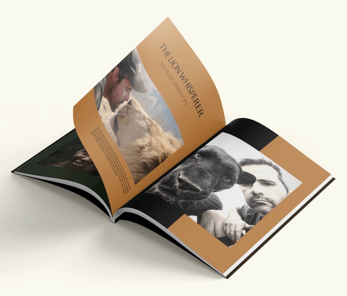 Spread: The Lion Whisperer, a keeper among lions on warm tan pages.