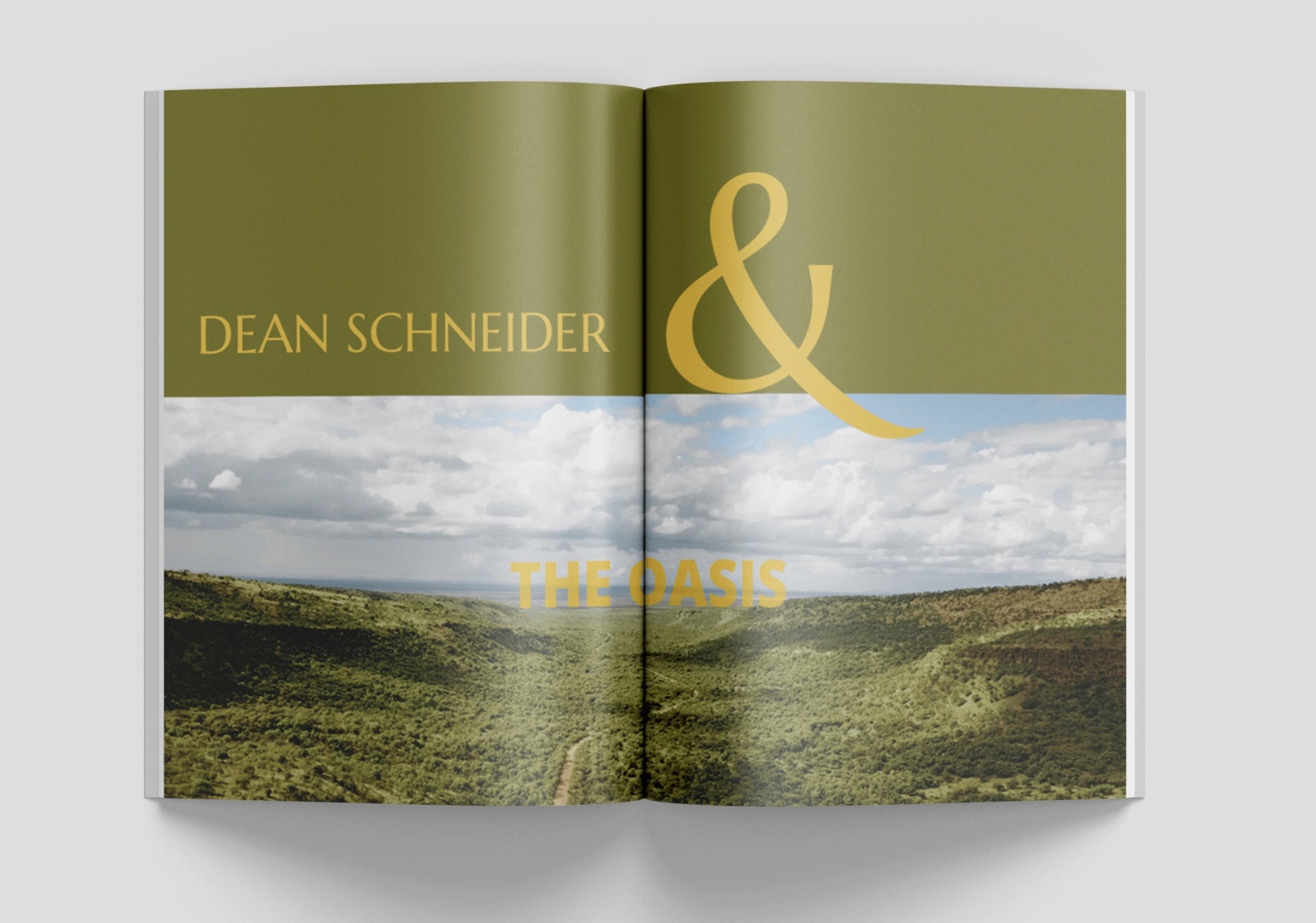 Wide mockup of the Dean Schneider spread, olive and gold.
