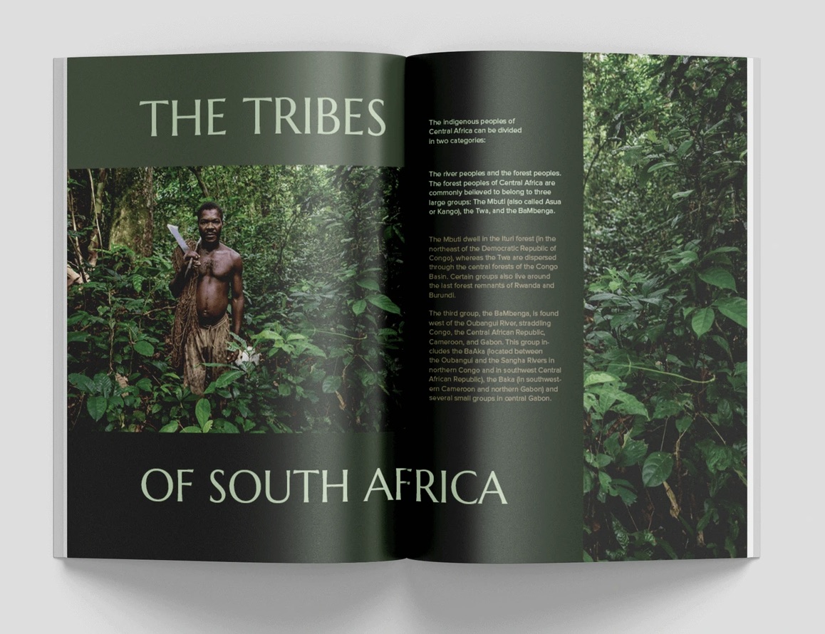 Spread: The Tribes of South Africa opener, forest green with a standing figure.