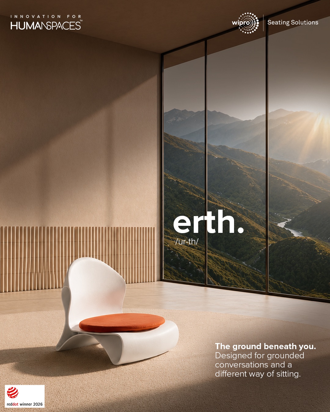 erth. — a low sculptural chair in a glass-walled room.