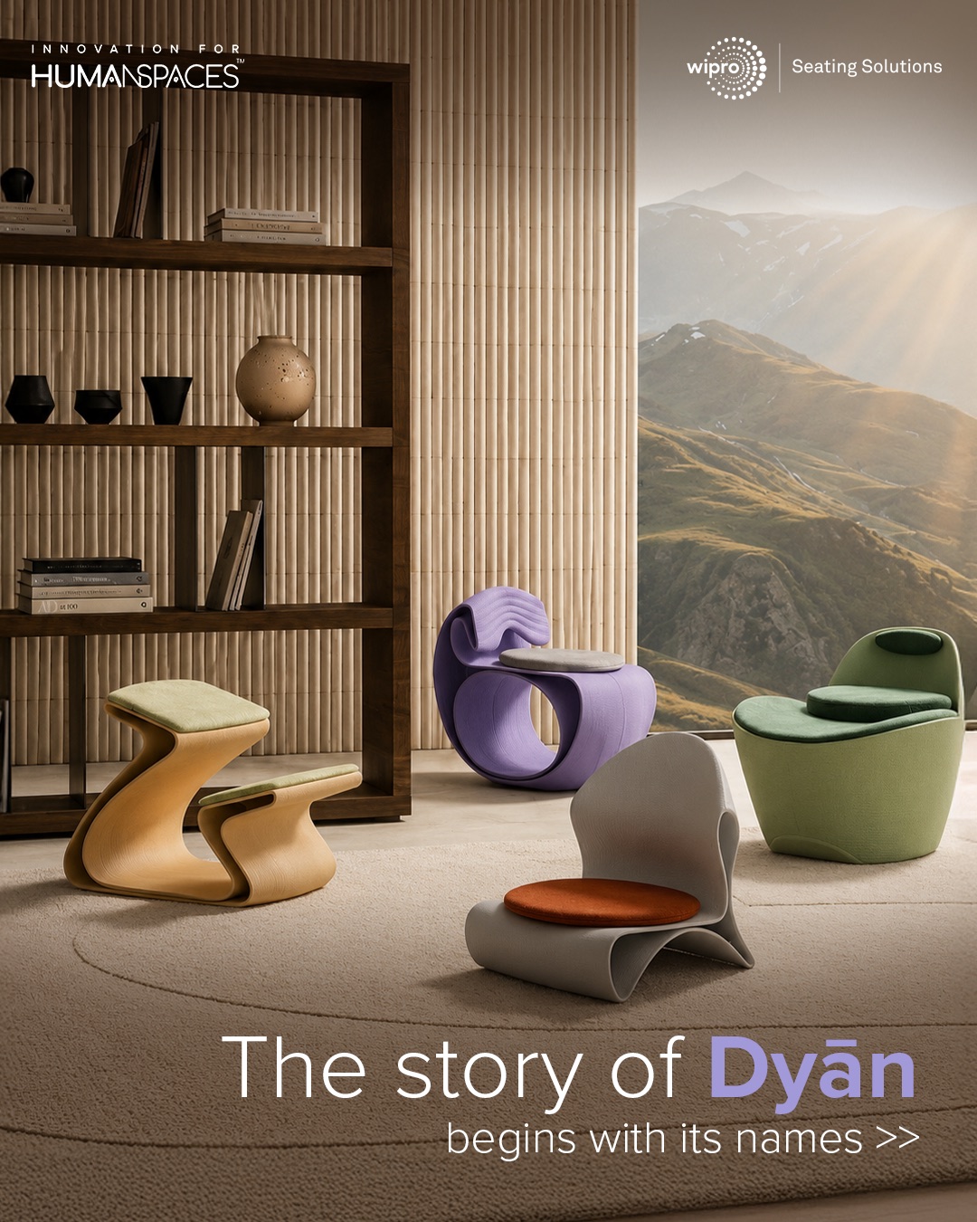 The story of Dyān — the collection's chairs in a warm studio setting.