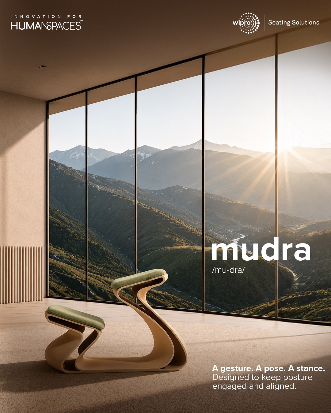 mudra — a curved lounge chair beside a window.