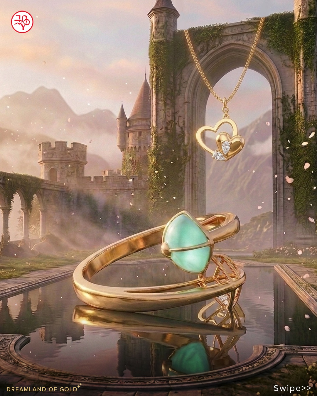 A ring set into a fairytale castle landscape.