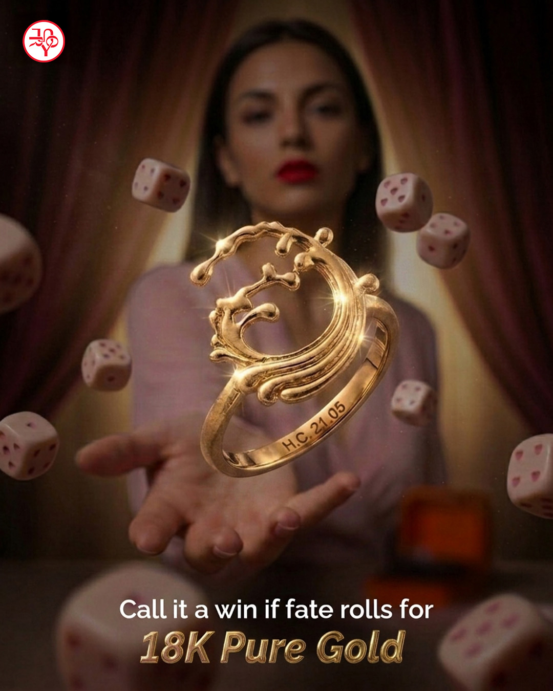 A gold ring staged with dice against a deep red backdrop.
