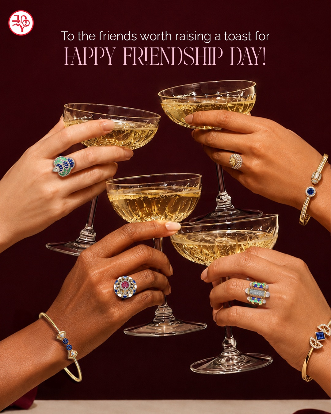 Happy Friendship Day campaign — friends toasting, wearing gold.