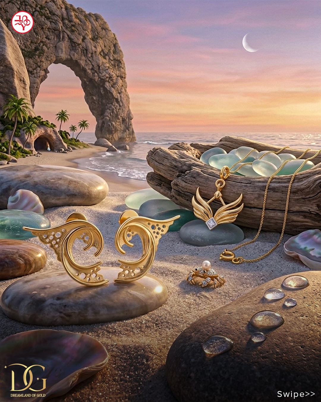Gold jewellery arranged across a surreal moonlit beach and rock arch.