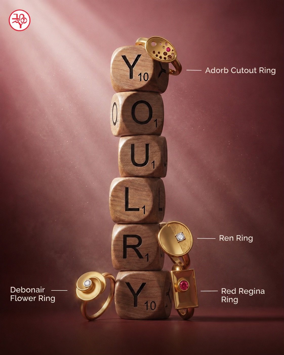 The Youlry name spelled out in Scrabble tiles, draped with gold chains.