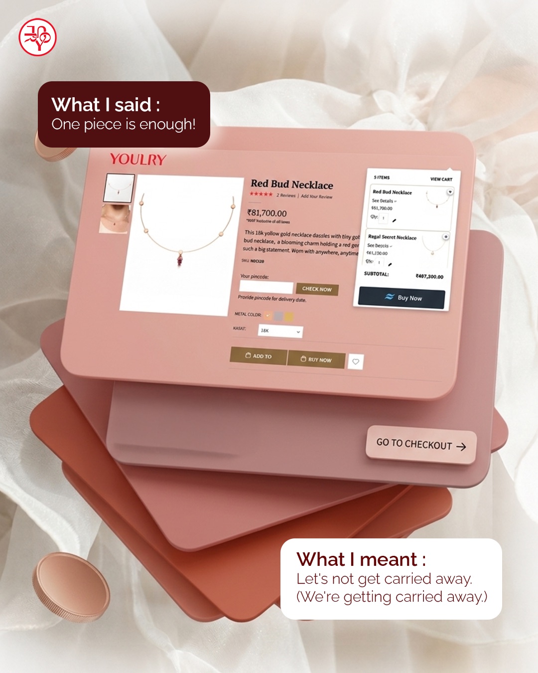 Youlry product page mockups laid out on a soft pink surface.