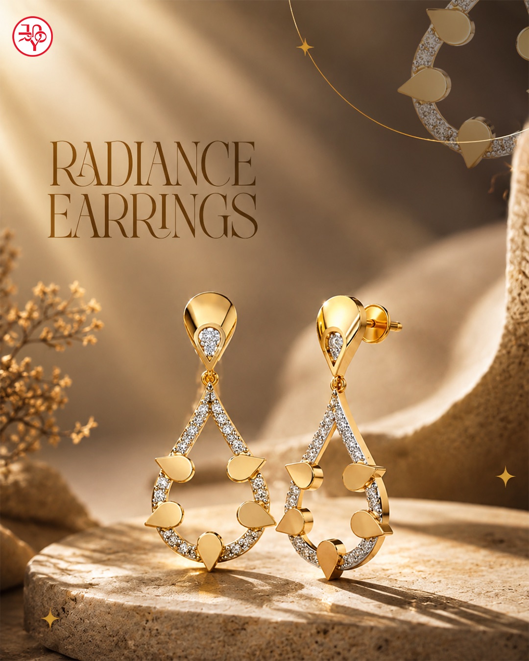 Radiance earrings shot against a golden backdrop.