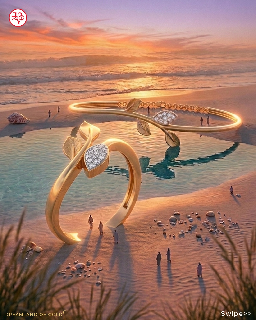 Gold bangles on a sunset beach, scaled up against the surf.