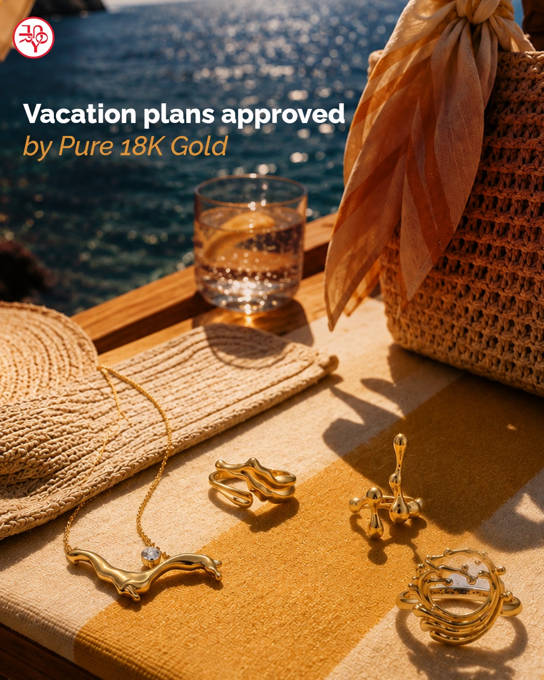 Vacation plans campaign — gold jewellery packed for a trip.